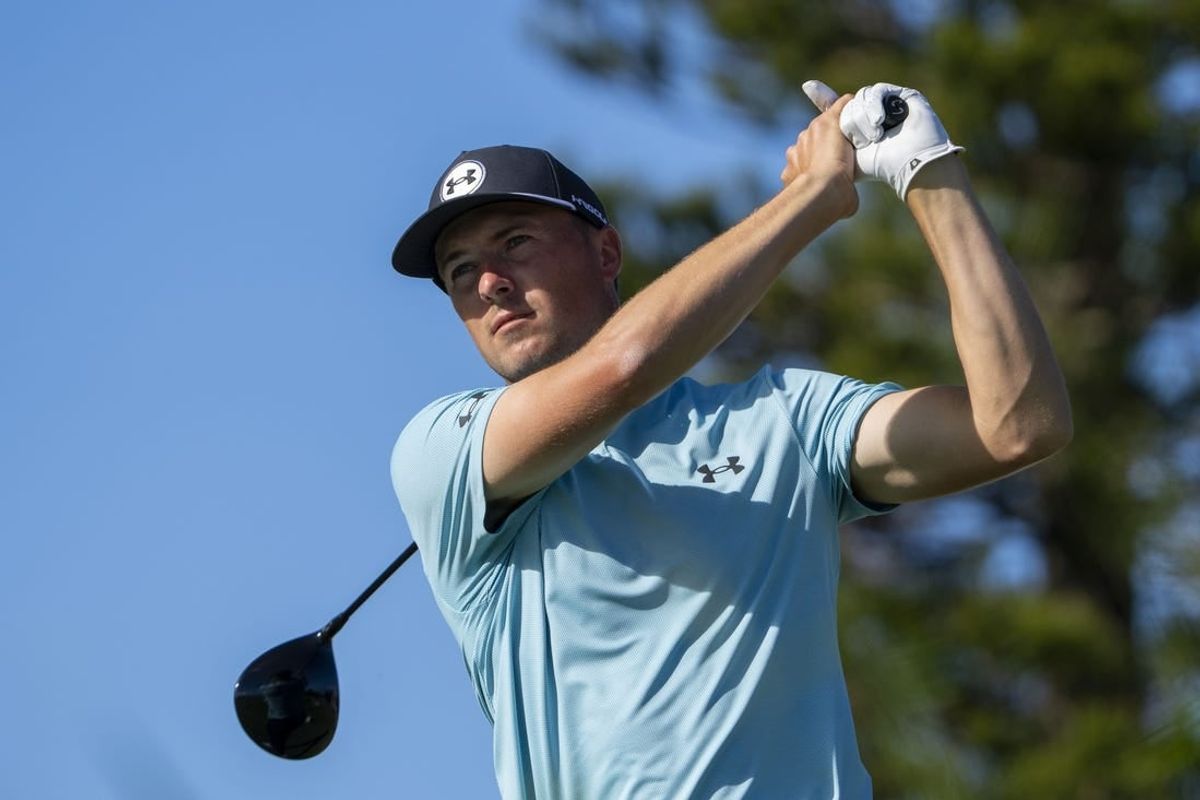 January 7, 2024; Maui, Hawaii, USA; Jordan Spieth hits his tee shot on the third hole during the final round of The Sentry golf tournament at Kapalua Golf - The Plantation Course.