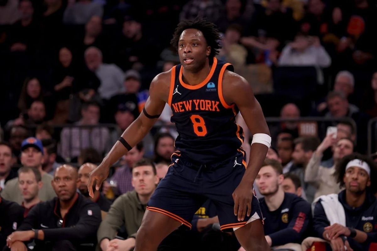 Jan 25, 2024; New York, New York, USA; New York Knicks forward OG Anunoby (8) during the third quarter against the Denver Nuggets at Madison Square Garden.