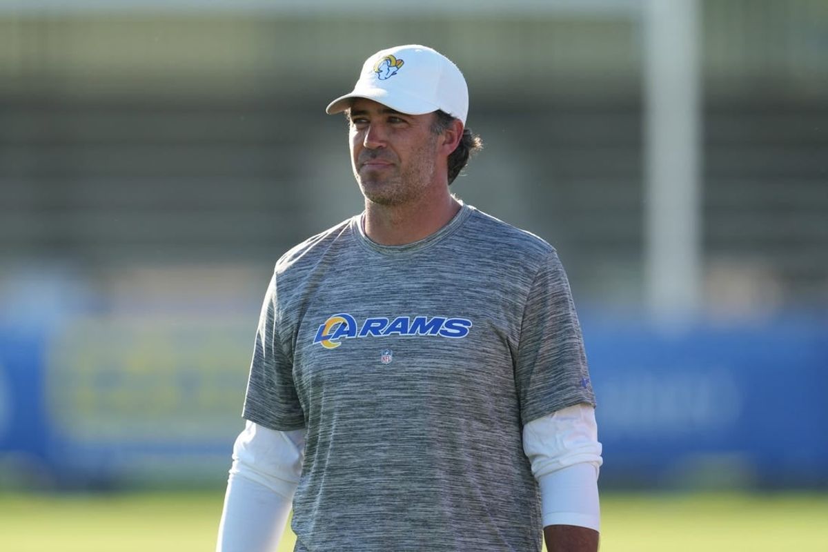 Jul 26, 2023; Irvine, CA, USA; Los Angeles Rams quarterbacks coach Zac Robinson during training camp at UC Irvine.