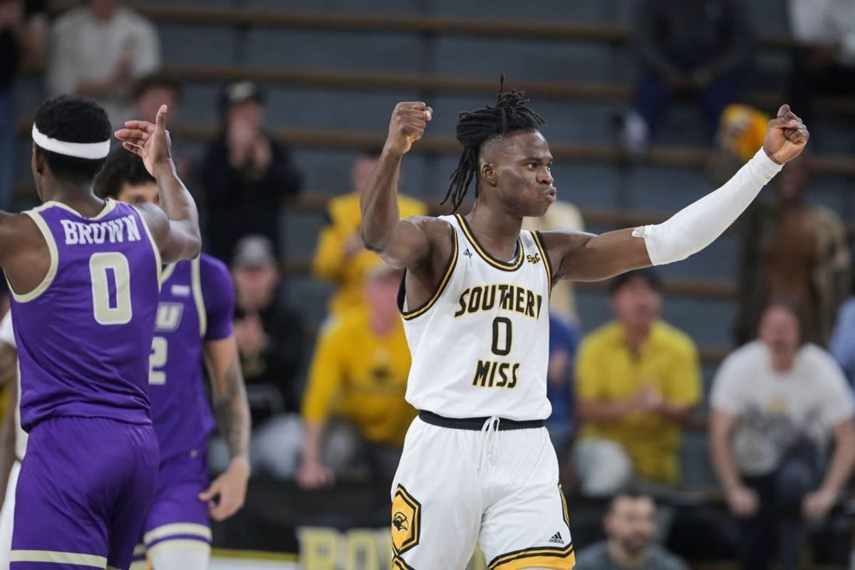 Jan 6, 2024; Hattiesburg, Mississippi, USA; Southern Miss Golden Eagles forward Victor Iwuakor (0) gestures near the end of their game against the James Madison Dukes at Reed Green Coliseum.
