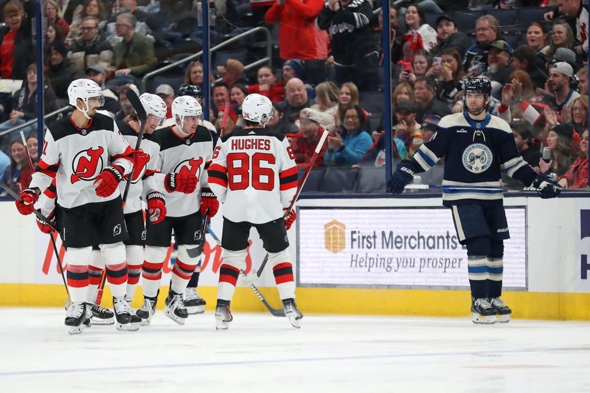 Dec 16, 2023; Columbus, Ohio, USA; New Jersey Devils center Jack Hughes (86) celebrates a goal with teammates during the first period against the Columbus Blue Jackets at Nationwide Arena.