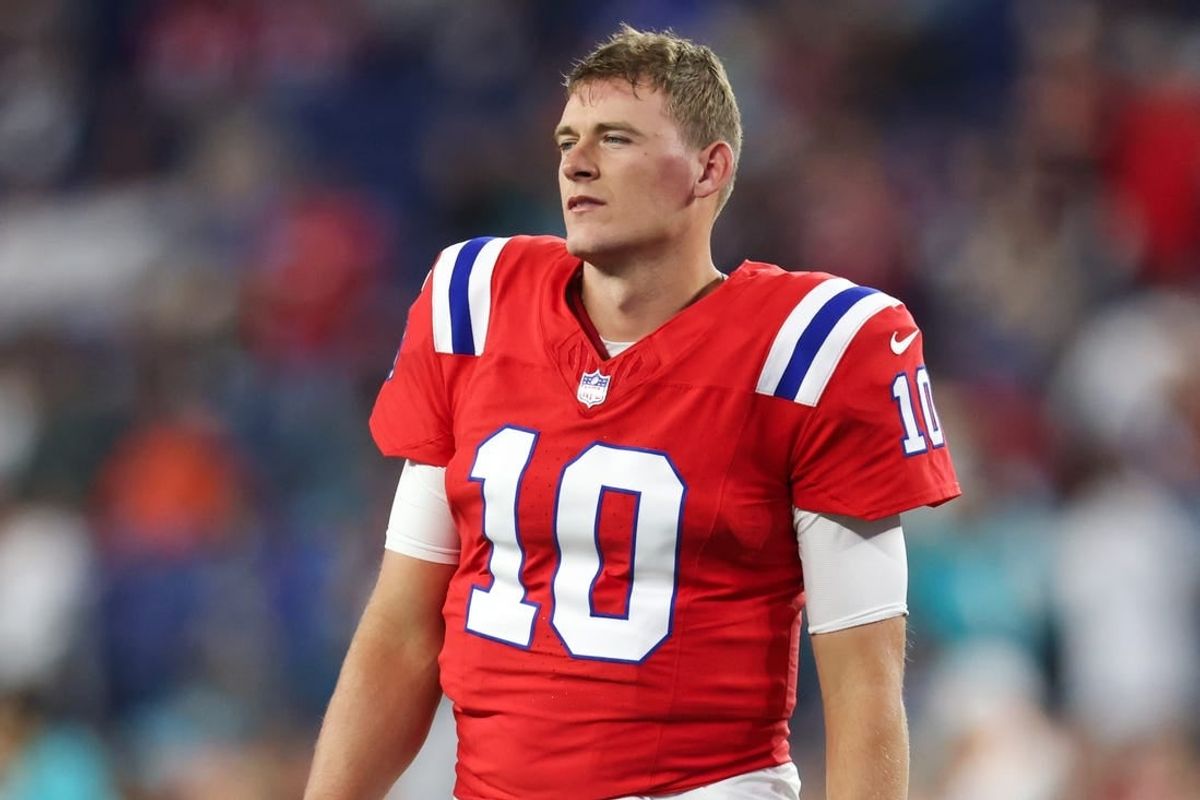Sep 17, 2023; Foxborough, Massachusetts, USA; New England Patriots quarterback Mac Jones (10) reacts before playing the Miami Dolphins at Gillette Stadium.