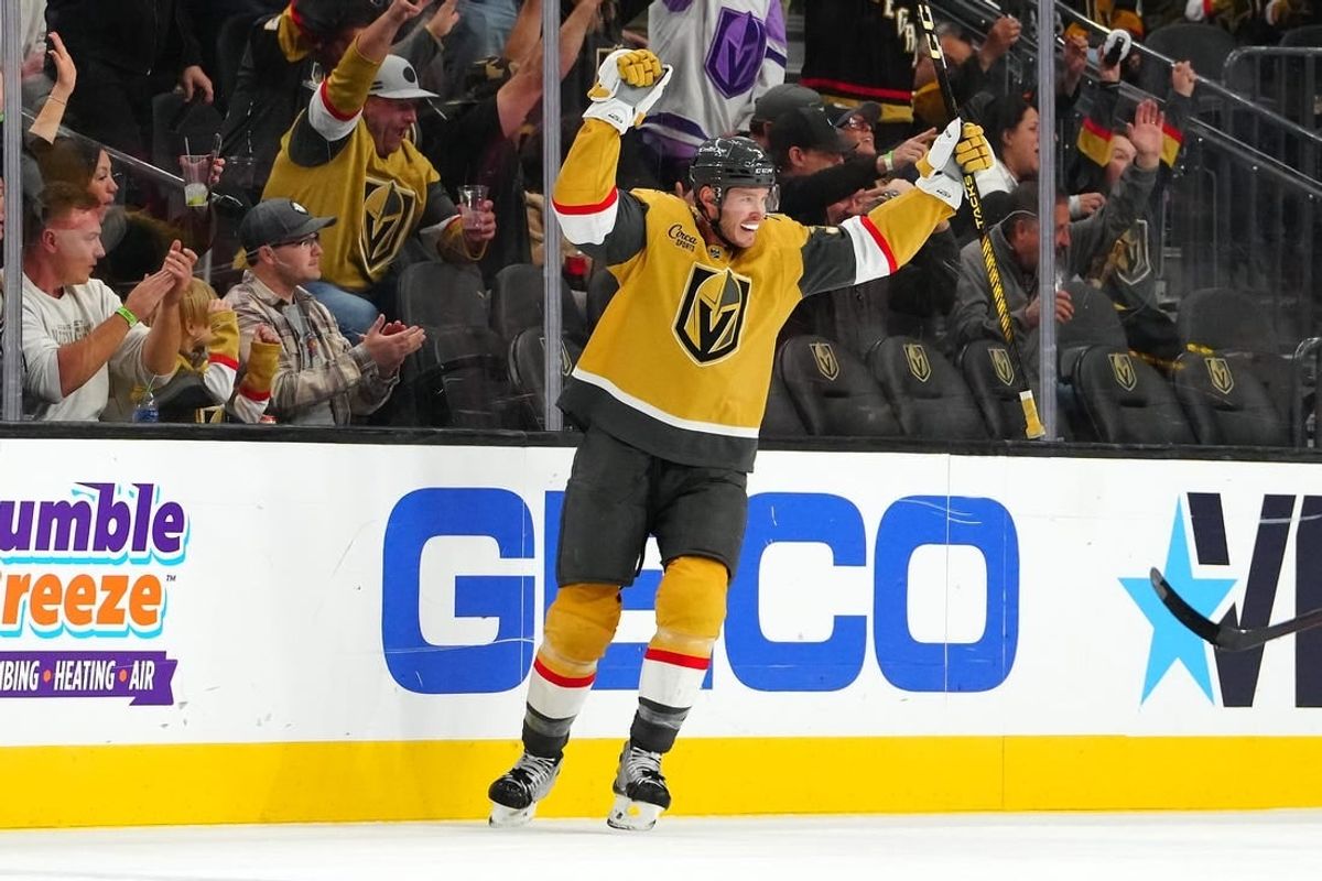 Nov 4, 2023; Las Vegas, Nevada, USA; Vegas Golden Knights defenseman Brayden McNabb (3) celebrates after getting an assist on a goal by Vegas Golden Knights right wing Mark Stone (61) scored against the Colorado Avalanche during the first period at T-Mobile Arena.