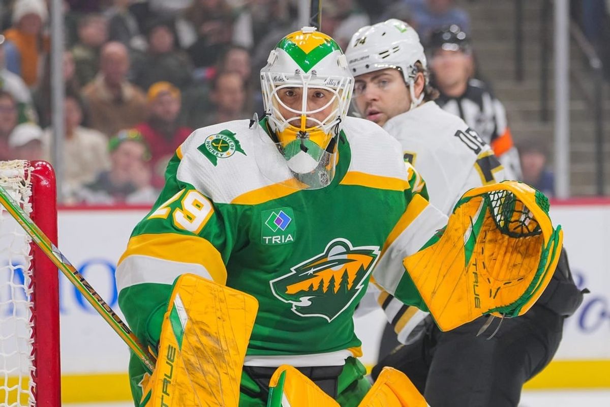 Dec 23, 2023; Saint Paul, Minnesota, USA; Minnesota Wild goaltender Marc-Andre Fleury (29) watches the puck against the Boston Bruins in the first period at Xcel Energy Center.