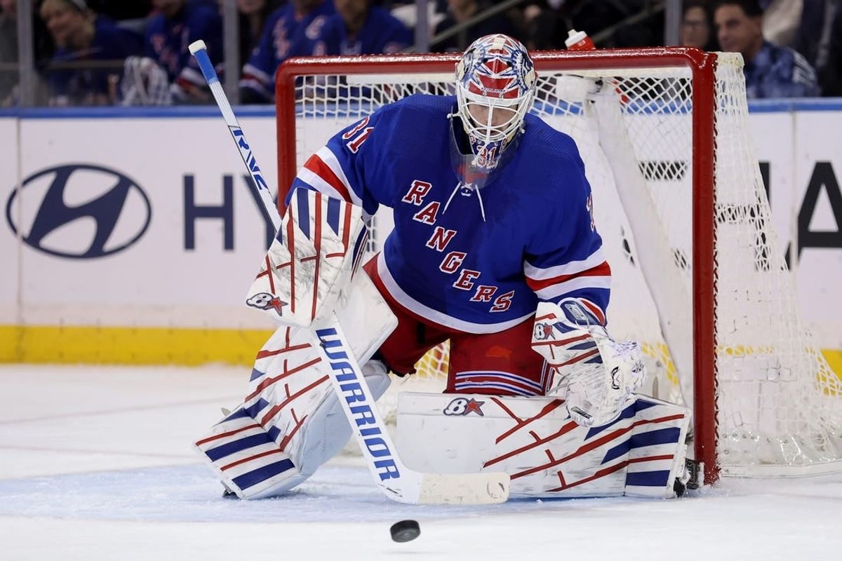 Feb 20, 2024; New York, New York, USA; New York Rangers goaltender Igor Shesterkin (31) makes a save against the Dallas Stars during the second period at Madison Square Garden.