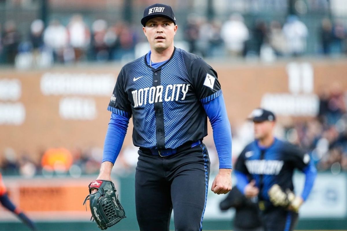 Detroit Tigers pitcher Tarik Skubal (29) reacts as he walks off after pitching the fifth inning against the Houston Astros at Comerica Park in Detroit on Saturday, May 11, 2024.