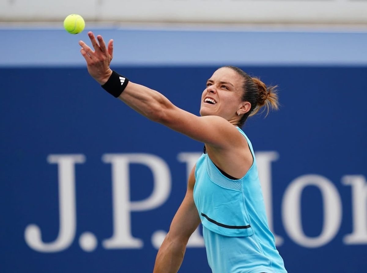 Aug 28, 2023; Flushing, NY, USA;   Maria Sakkari of Greece in action against Rebeka Masarova of Spain on day one of the 2023 U.S. Open tennis tournament at the USTA Billie Jean King National Tennis Center.