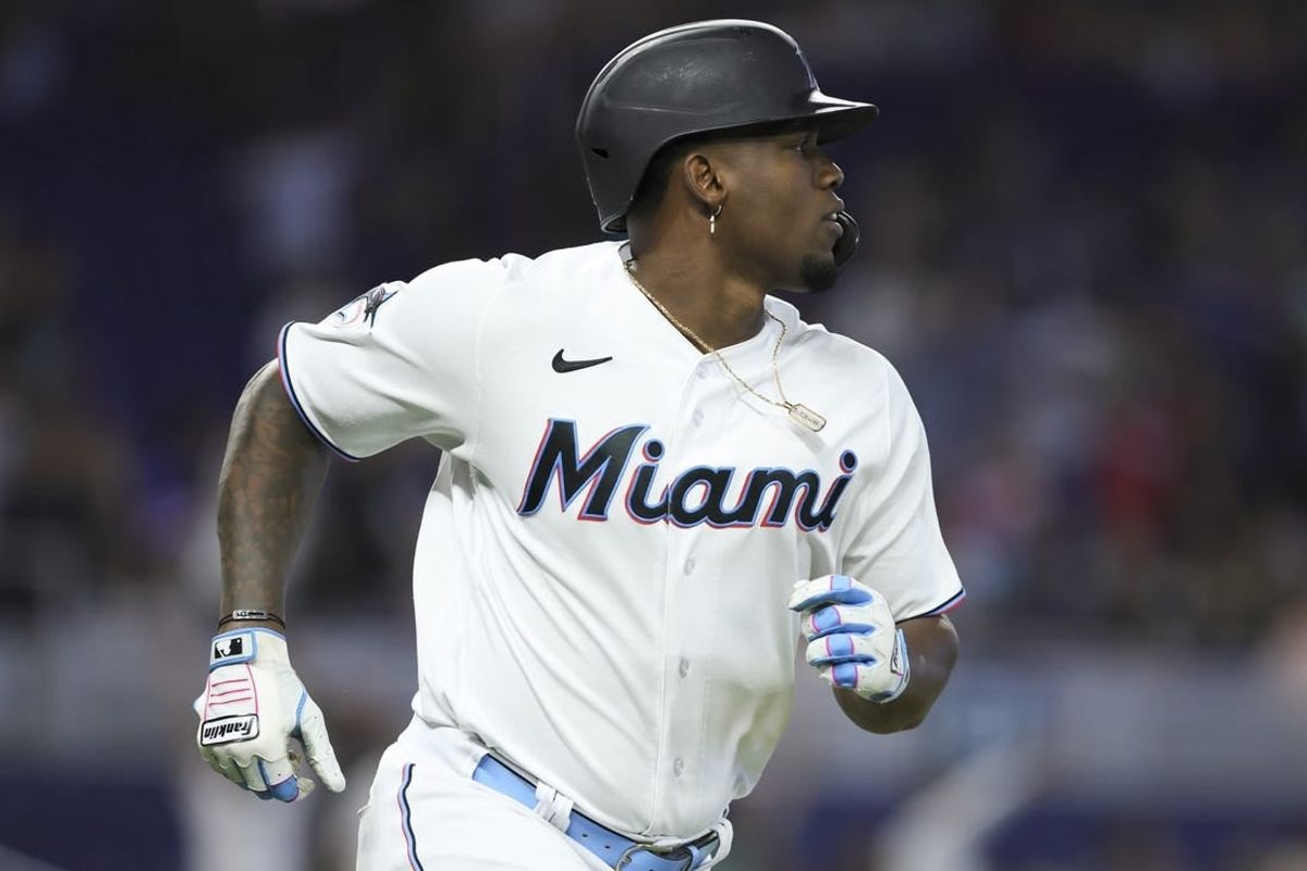 Aug 27, 2023; Miami, Florida, USA; Miami Marlins designated hitter Jorge Soler (12) circles the bases after hitting a two-run home run against the Washington Nationals during the third inning at loanDepot Park.