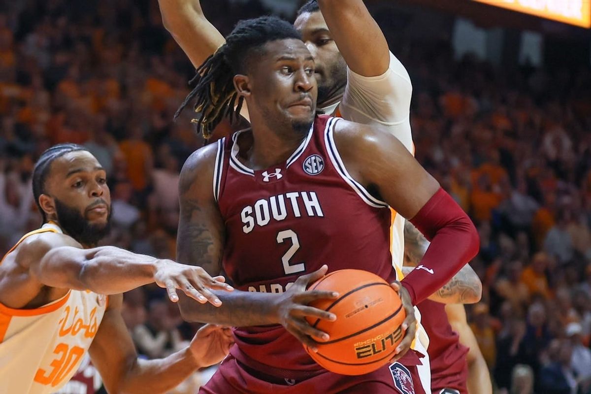 Jan 30, 2024; Knoxville, Tennessee, USA; South Carolina Gamecocks forward B.J. Mack (2) moves the ball against the Tennessee Volunteers during the second half at Thompson-Boling Arena at Food City Center.