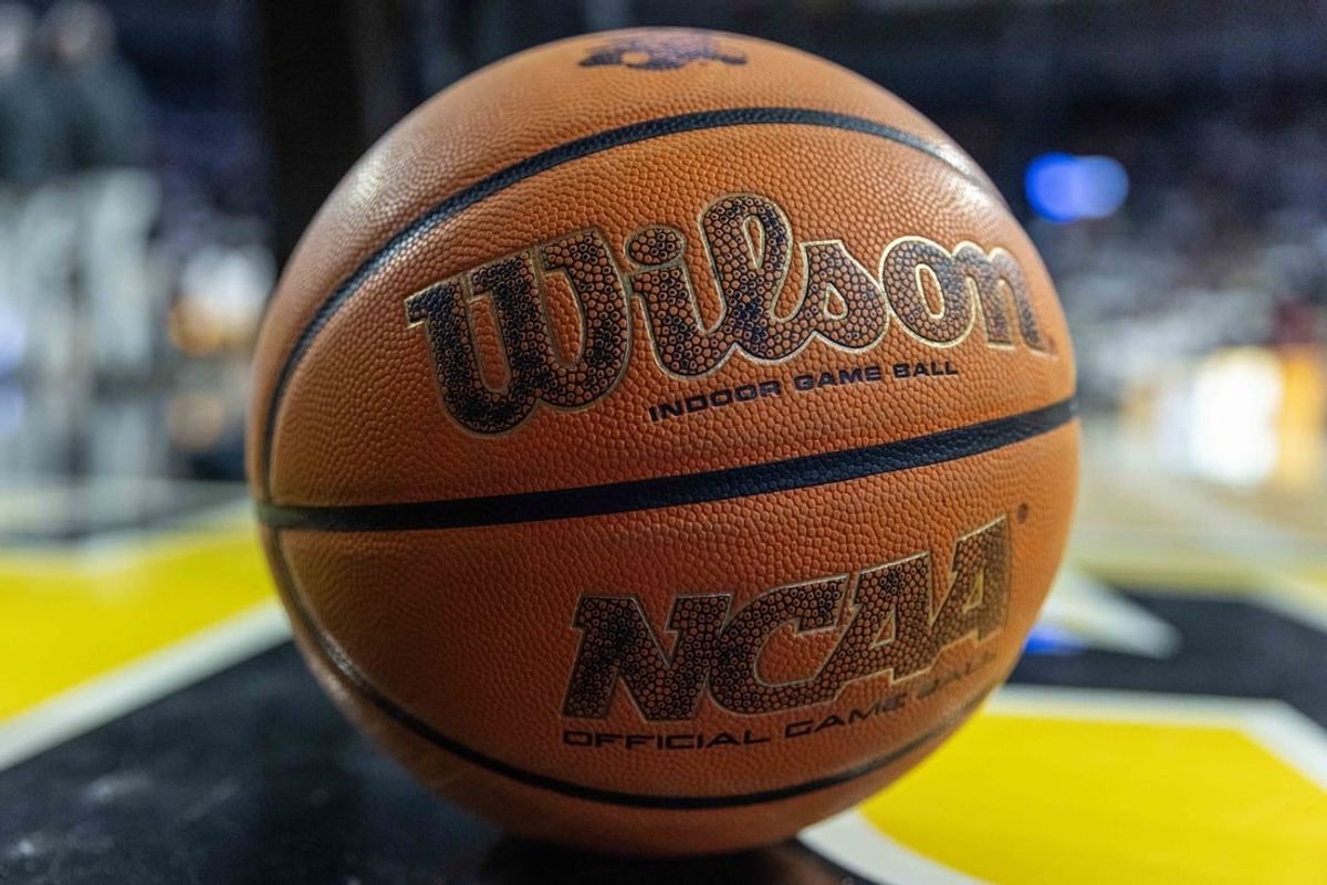 Jan 14, 2024; Wichita, Kansas, USA; A detail view of a WIlson basketball siting on the court during the game between the Wichita State Shockers and the Memphis Tigers at Charles Koch Arena.