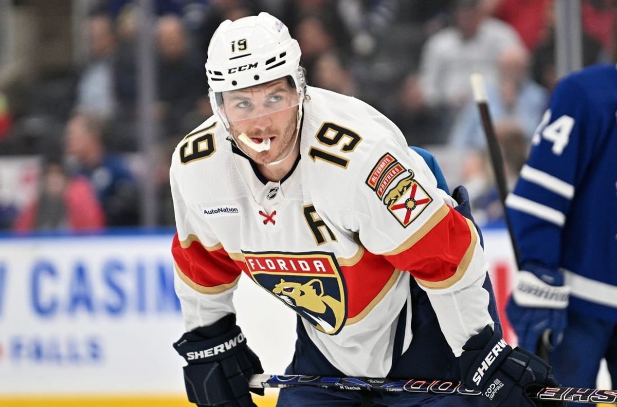 Apr 1, 2024; Toronto, Ontario, CAN; Florida Panthers forward Matthew Tkachuk (19) waits for a faceoff against the Toronto Maple Leafs in the third period at Scotiabank Arena.