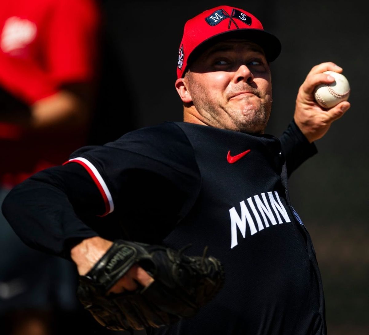 Pitcher Caleb Thielbar throws in the bullpen during the Minnesota Twins spring training workouts at Hammond Stadium on Fort Myers on Thursday, Feb. 15, 2024.