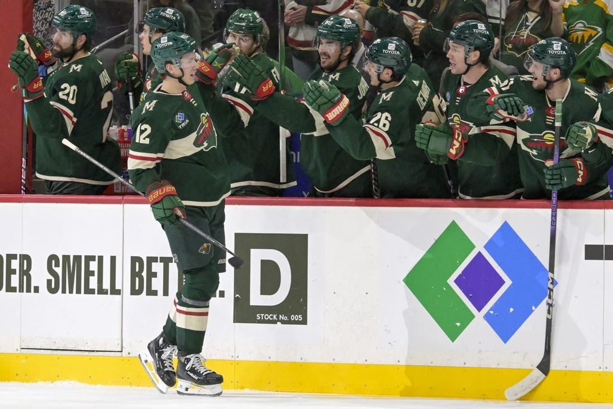 Jan 12, 2024; Saint Paul, Minnesota, USA; Minnesota Wild forward Matt Boldy (12) celebrates his goal against the Philadelphia Flyers during the third period at Xcel Energy Center.
