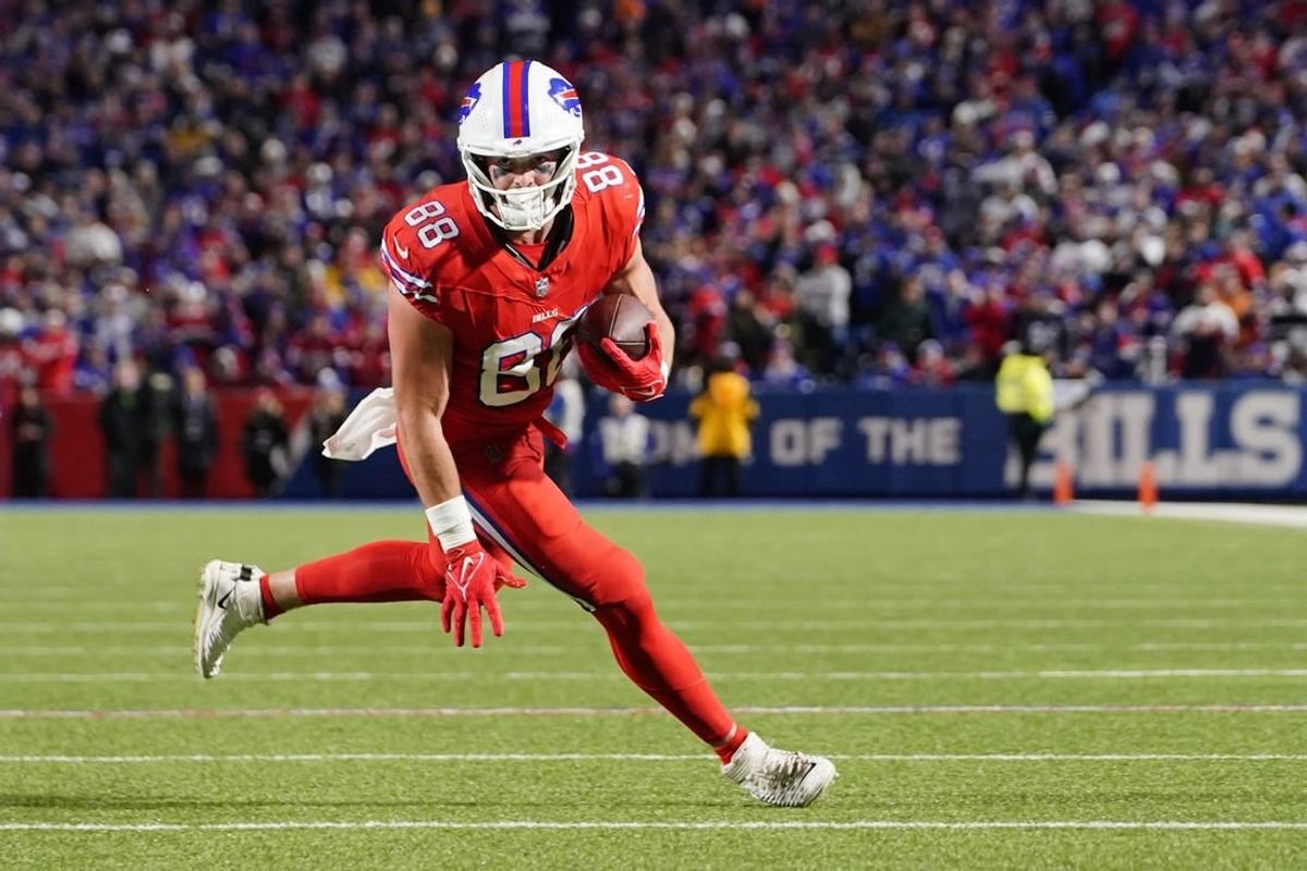 Oct 15, 2023; Orchard Park, New York, USA; Buffalo Bills tight end Dawson Knox (88) runs with the ball after making a catch against the New York Giants during the second half at Highmark Stadium.