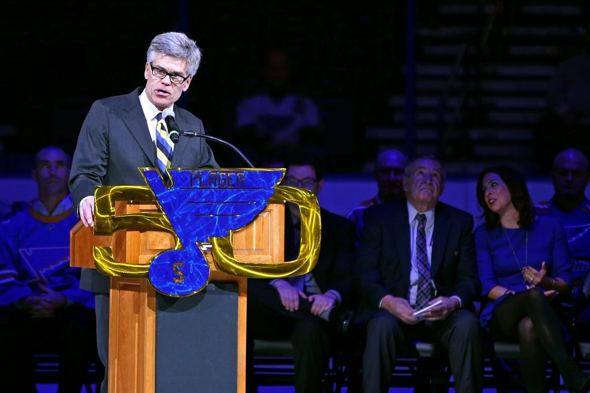 Feb 2, 2017; St. Louis, MO, USA; St. Louis Blues Chairman Tom Stillman speaks during a ceremony retiring the number of former Blues defenseman Bob Plager, prior to a game between the Blues and the Toronto Maple Leafs at Scottrade Center. Mandatory Credit: Billy Hurst-Imagn Images