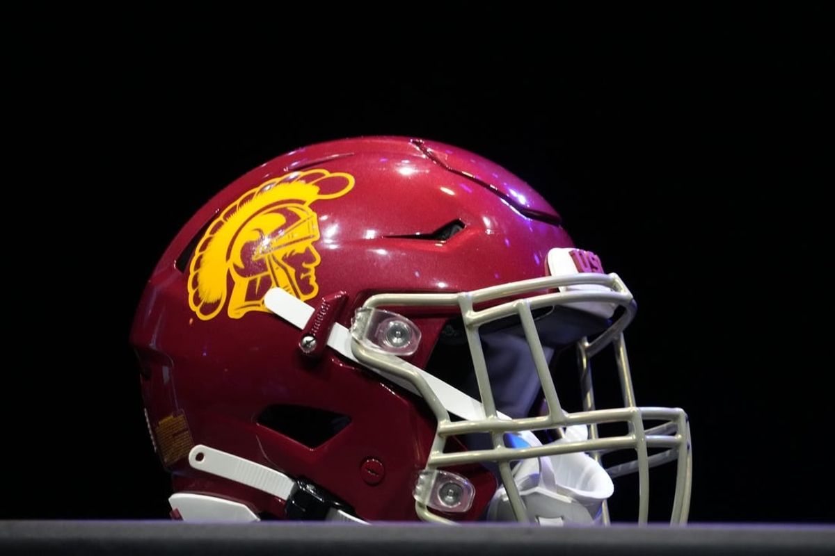 Jul 29, 2022; Los Angeles, CA, USA; A detailed view of Southern California Trojans helmet during Pac-12 Media Day at Novo Theater.