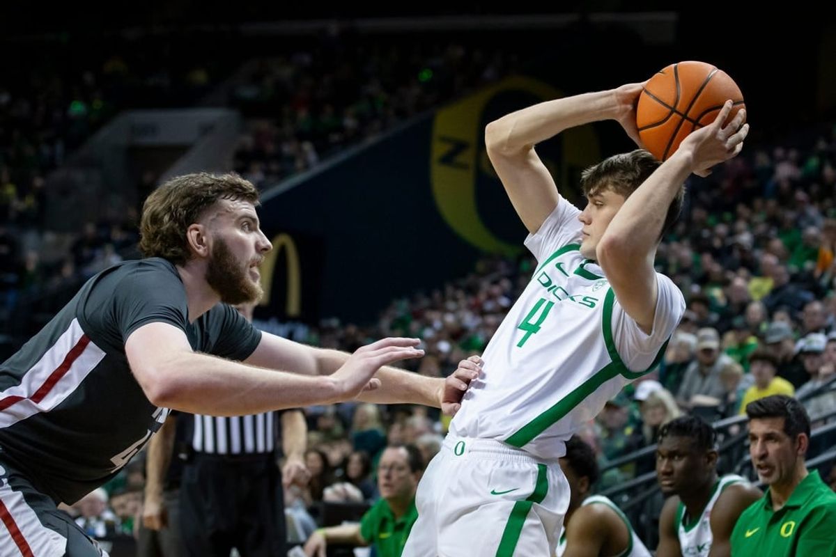 Oregon guard Brennan Rigsby looks for room to move as the Oregon Ducks host the Washington State Cougars Saturday Feb. 10, 2024 at Matthew Knight Arena in Eugene, Ore.