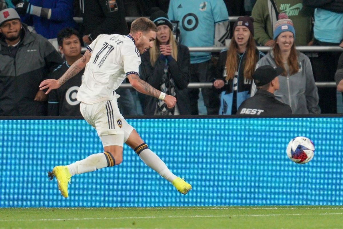 Oct 7, 2023; Saint Paul, Minnesota, USA; Los Angeles Galaxy midfielder Tyler Boyd (11) shoots the ball against Minnesota United in the first half at Allianz Field.