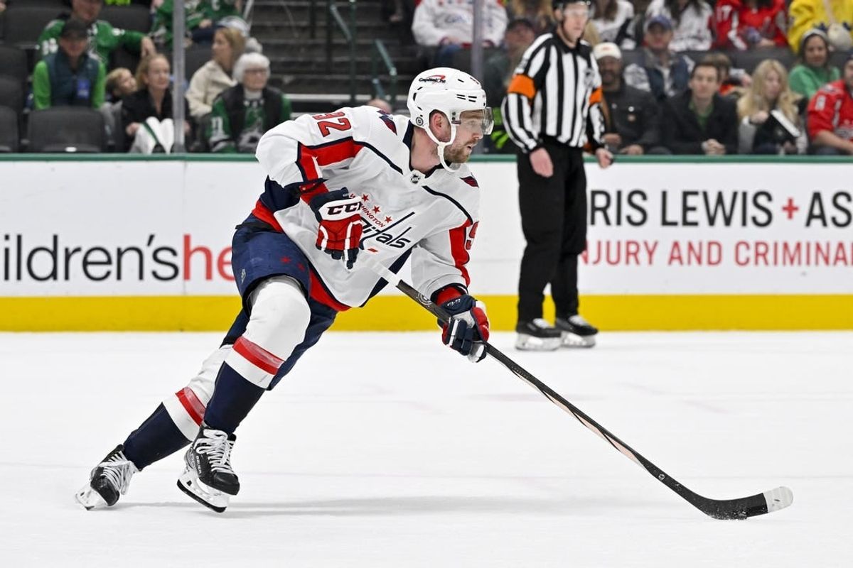 Jan 27, 2024; Dallas, Texas, USA; Washington Capitals center Evgeny Kuznetsov (92) in action during the game between the Dallas Stars and the Washington Capitals at the American Airlines Center.