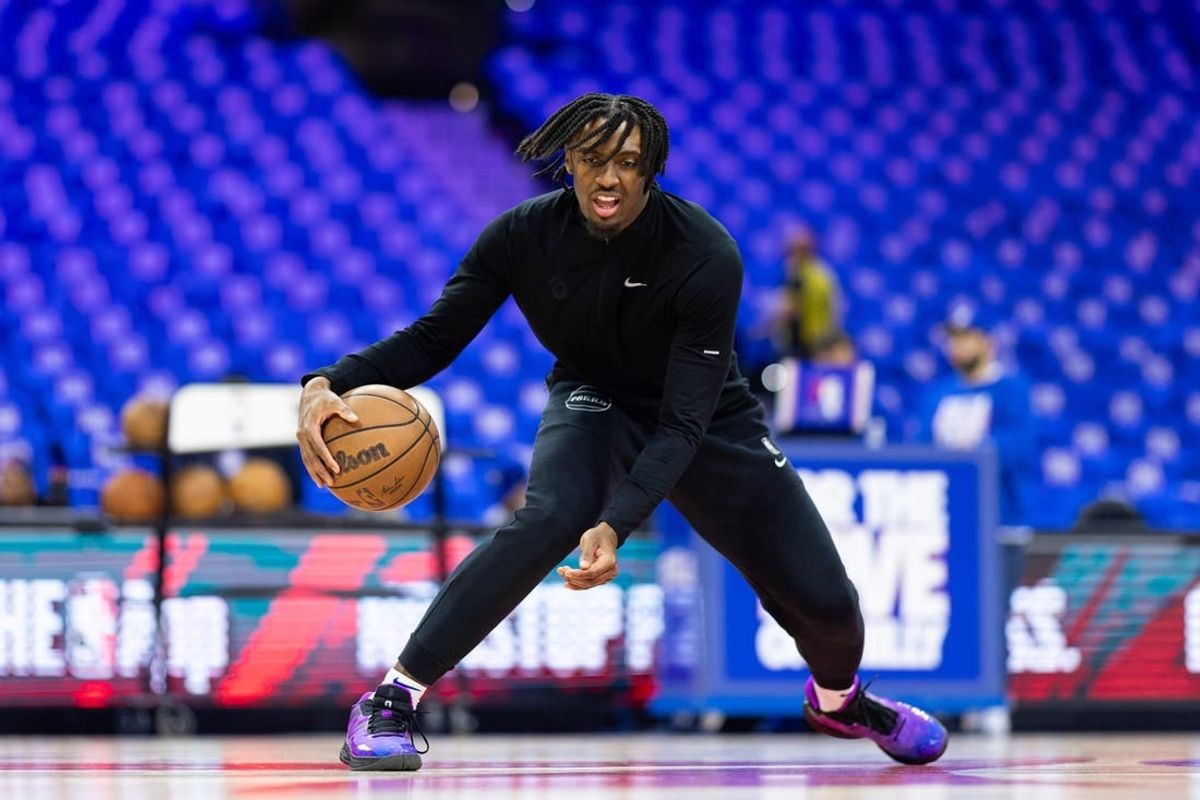 Apr 17, 2024; Philadelphia, Pennsylvania, USA; Philadelphia 76ers guard Tyrese Maxey before action against the Miami Heat in a play-in game of the 2024 NBA playoffs at Wells Fargo Center.