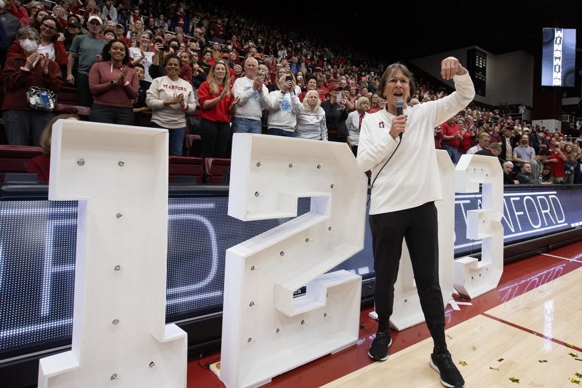 Jan 21, 2024; Stanford, California, USA; Stanford Cardinal head coach Tara VanDerveer addresses the crowd at Maples Pavilion following her record-setting 1,203rd collegiate coaching victory, a 65-56 win over the Oregon State Beavers.