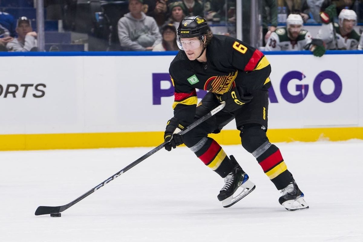 Dec 7, 2023; Vancouver, British Columbia, CAN; Vancouver Canucks forward Brock Boeser (6) handles the puck on a breakaway against the Minnesota Wild in the third period at Rogers Arena. Vancouver won 2-0.