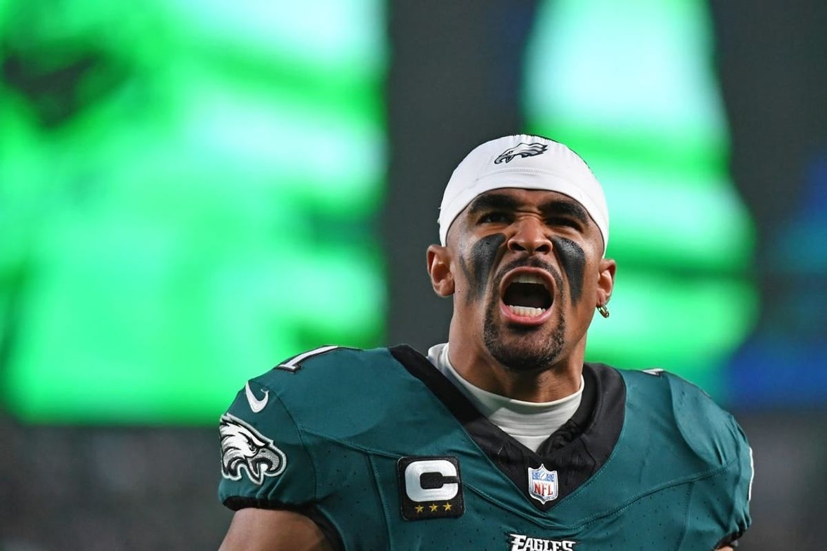 Dec 3, 2023; Philadelphia, Pennsylvania, USA; Philadelphia Eagles quarterback Jalen Hurts (1) during player introductions against the San Francisco 49ers at Lincoln Financial Field.