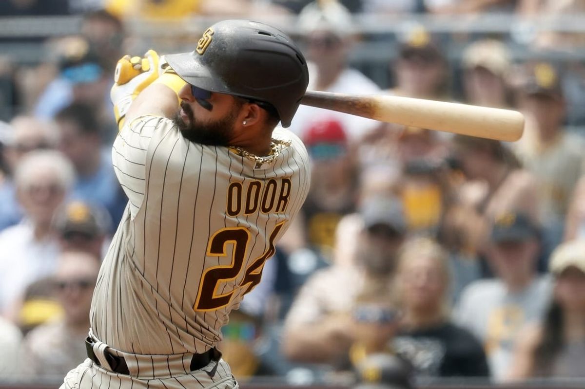 Jun 29, 2023; Pittsburgh, Pennsylvania, USA; San Diego Padres right fielder Rougned Odor (24) hits a single against the Pittsburgh Pirates during the second inning at PNC Park.
