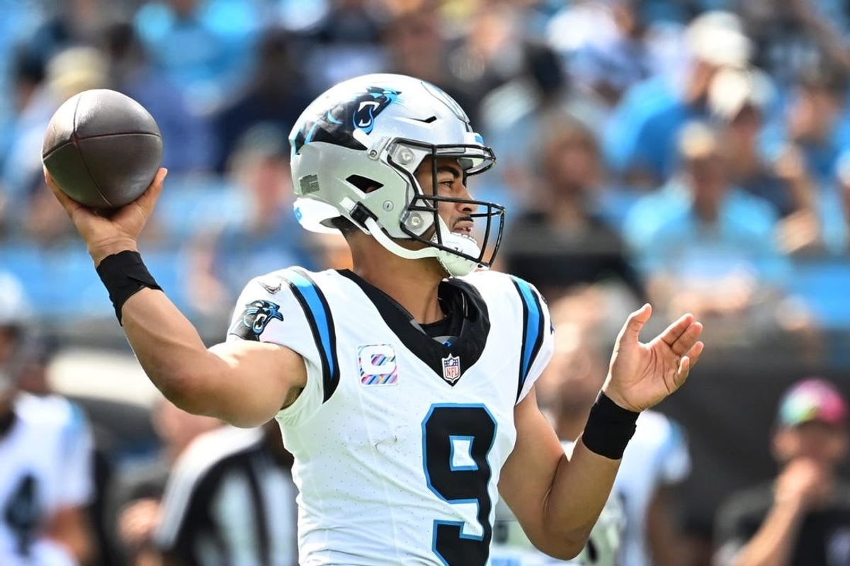 Oct 1, 2023; Charlotte, North Carolina, USA; Carolina Panthers quarterback Bryce Young (9) looks to pass in the third quarter at Bank of America Stadium.