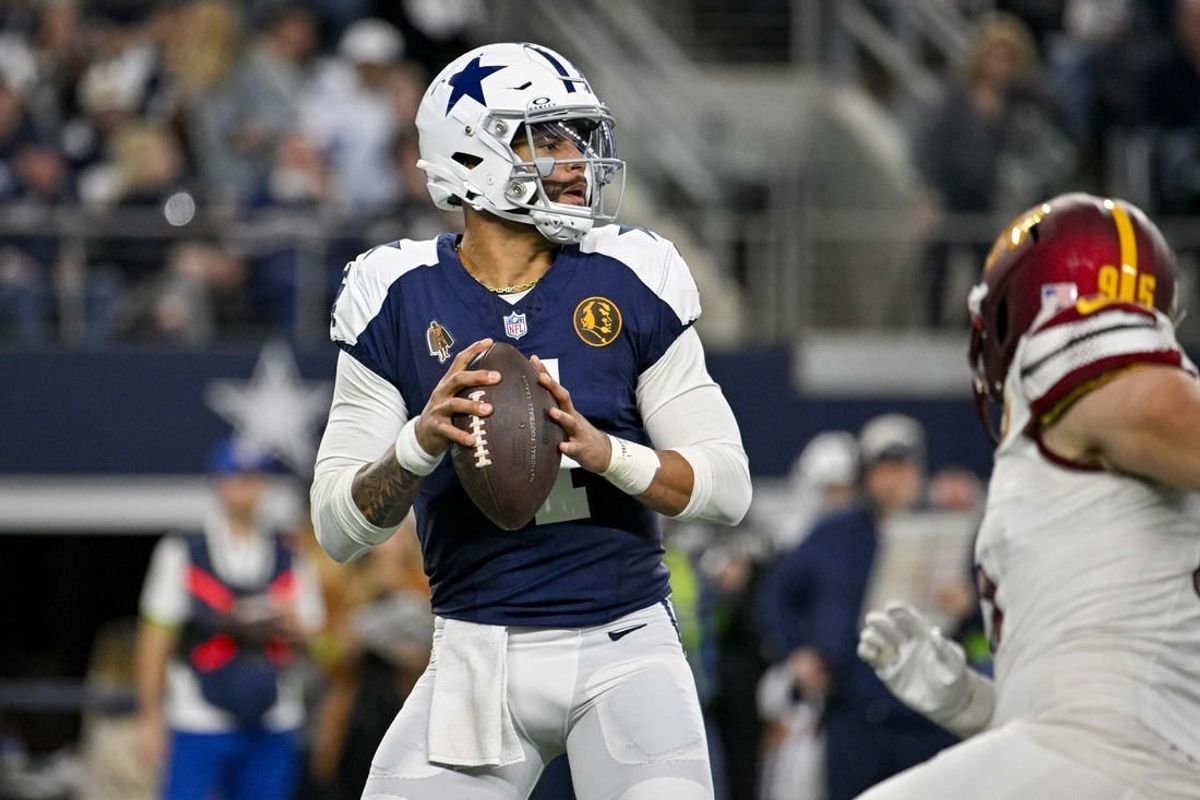 Nov 23, 2023; Arlington, Texas, USA; Dallas Cowboys quarterback Dak Prescott (4) drops back to pass against the Washington Commanders during the second quarter at AT&T Stadium.