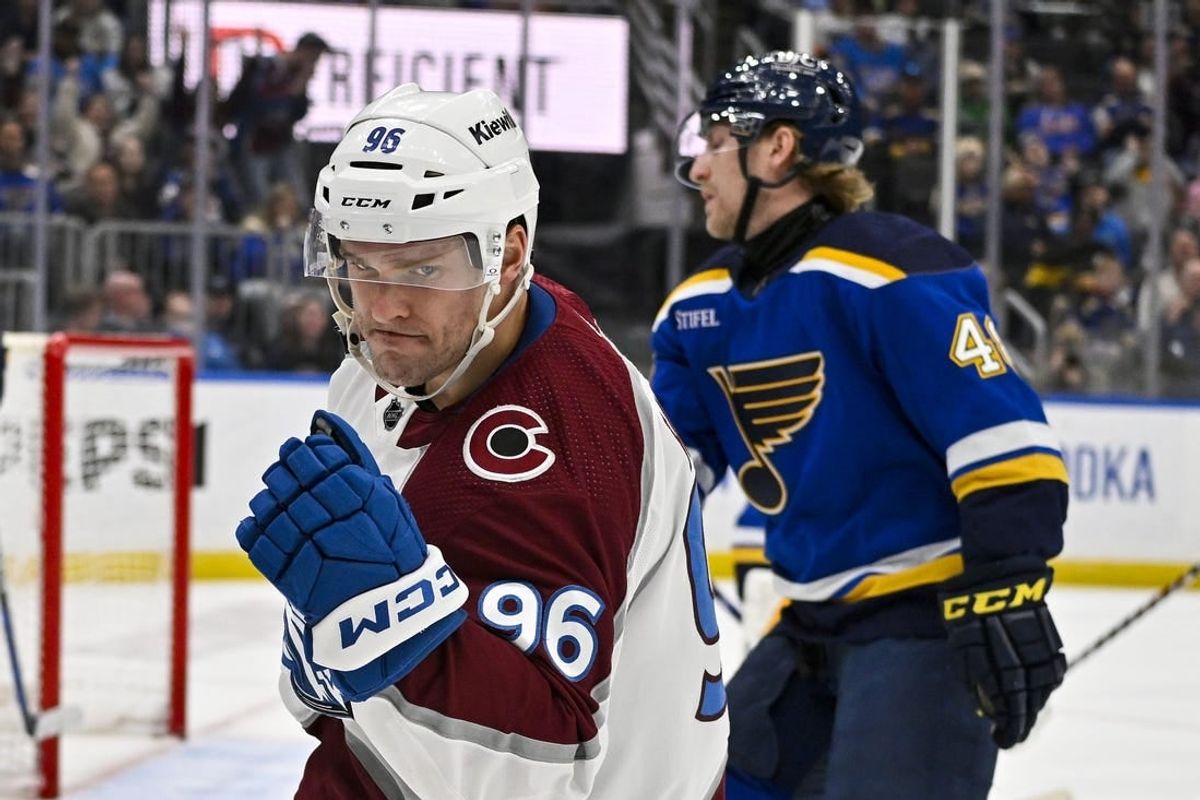 Mar 19, 2024; St. Louis, Missouri, USA;  Colorado Avalanche right wing Mikko Rantanen (96) reacts after scoring against the St. Louis Blues during the first period at Enterprise Center.