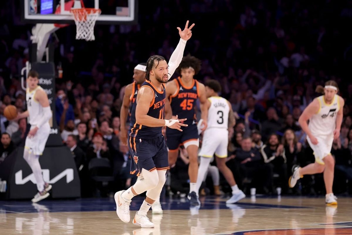 Jan 30, 2024; New York, New York, USA; New York Knicks guard Jalen Brunson (11) celebrates his three point shot against the Utah Jazz during the third quarter at Madison Square Garden.