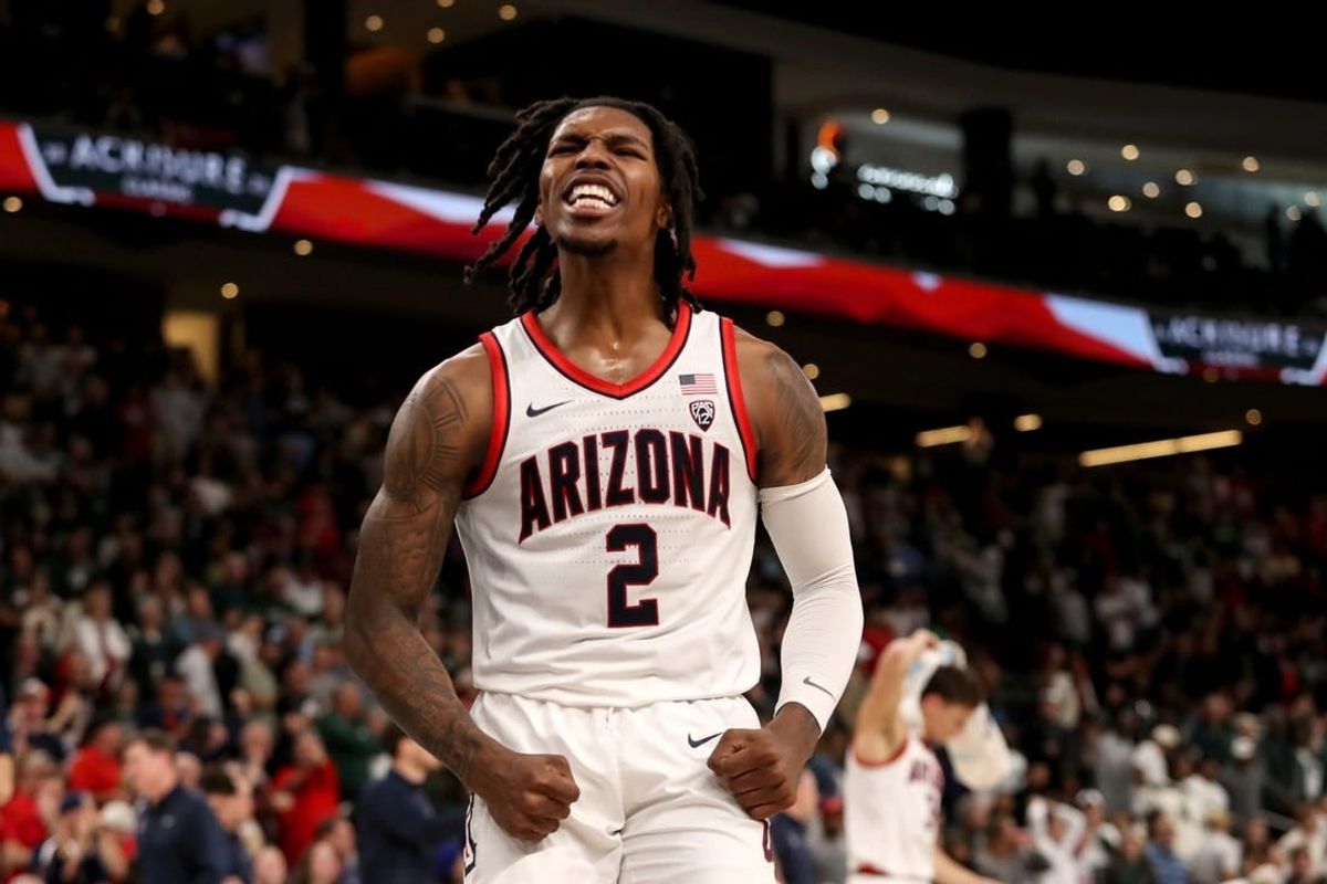 Arizona Wildcats guard Caleb Love (2) reacts during the first half of the first-ever Acrisure Classic against Michigan State in Palm Desert, Calif., on Thanksgiving Day, Nov. 23, 2023.