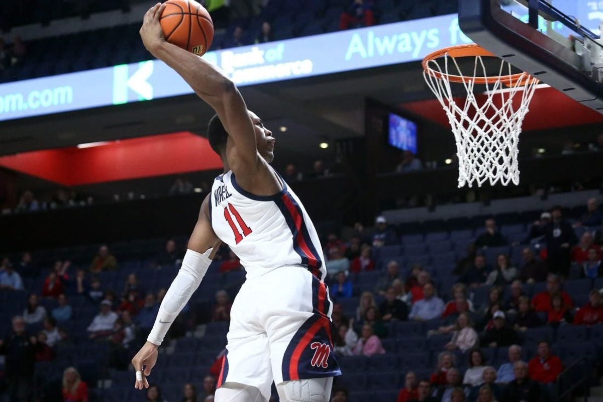 Dec 5, 2023; Oxford, Mississippi, USA; Mississippi Rebels guard Matthew Murrell (11) dunks during the second half against the Mount St. Mary's Mountaineers at The Sandy and John Black Pavilion at Ole Miss.