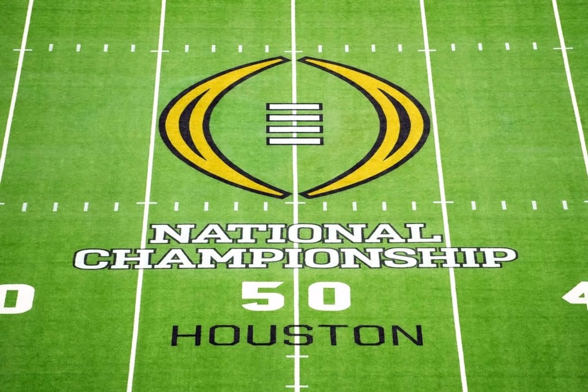 Jan 8, 2024; Houston, TX, USA; The 2024 CFP logo on the field before the 2024 College Football Playoff national championship game between the Michigan Wolverines and the Washington Huskies at NRG Stadium.