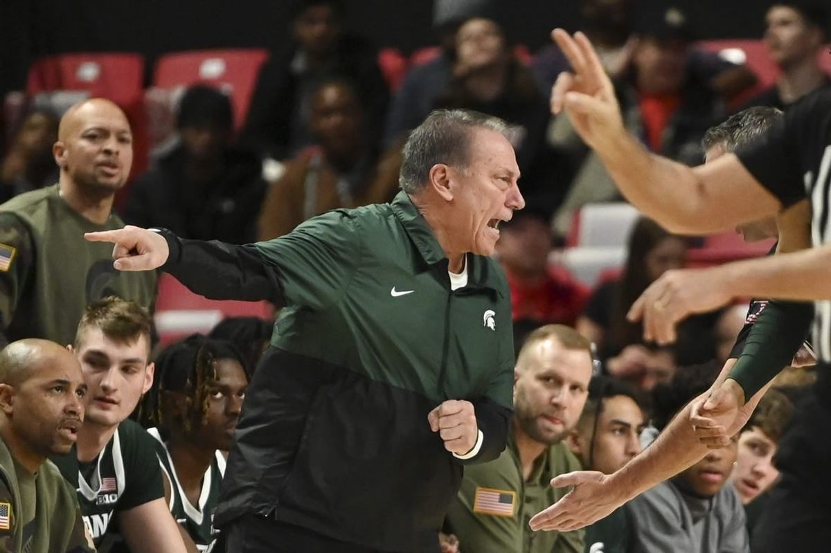 Jan 21, 2024; College Park, Maryland, USA;  Michigan State Spartans head coach Tom Izzo reacts after a first half call against the Maryland Terrapins at Xfinity Center.