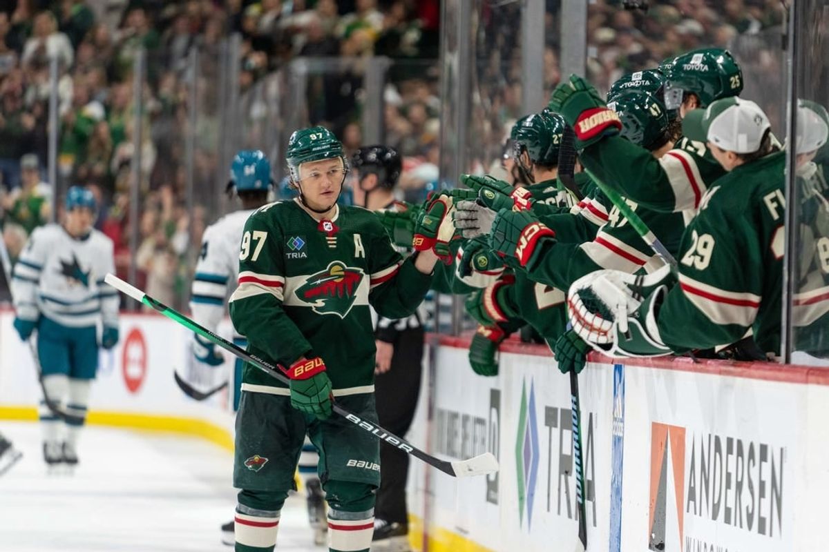 Mar 3, 2024; Saint Paul, Minnesota, USA; Minnesota Wild left wing Kirill Kaprizov (97) celebrates his second goal of the game against the San Jose Sharks in the third period at Xcel Energy Center.