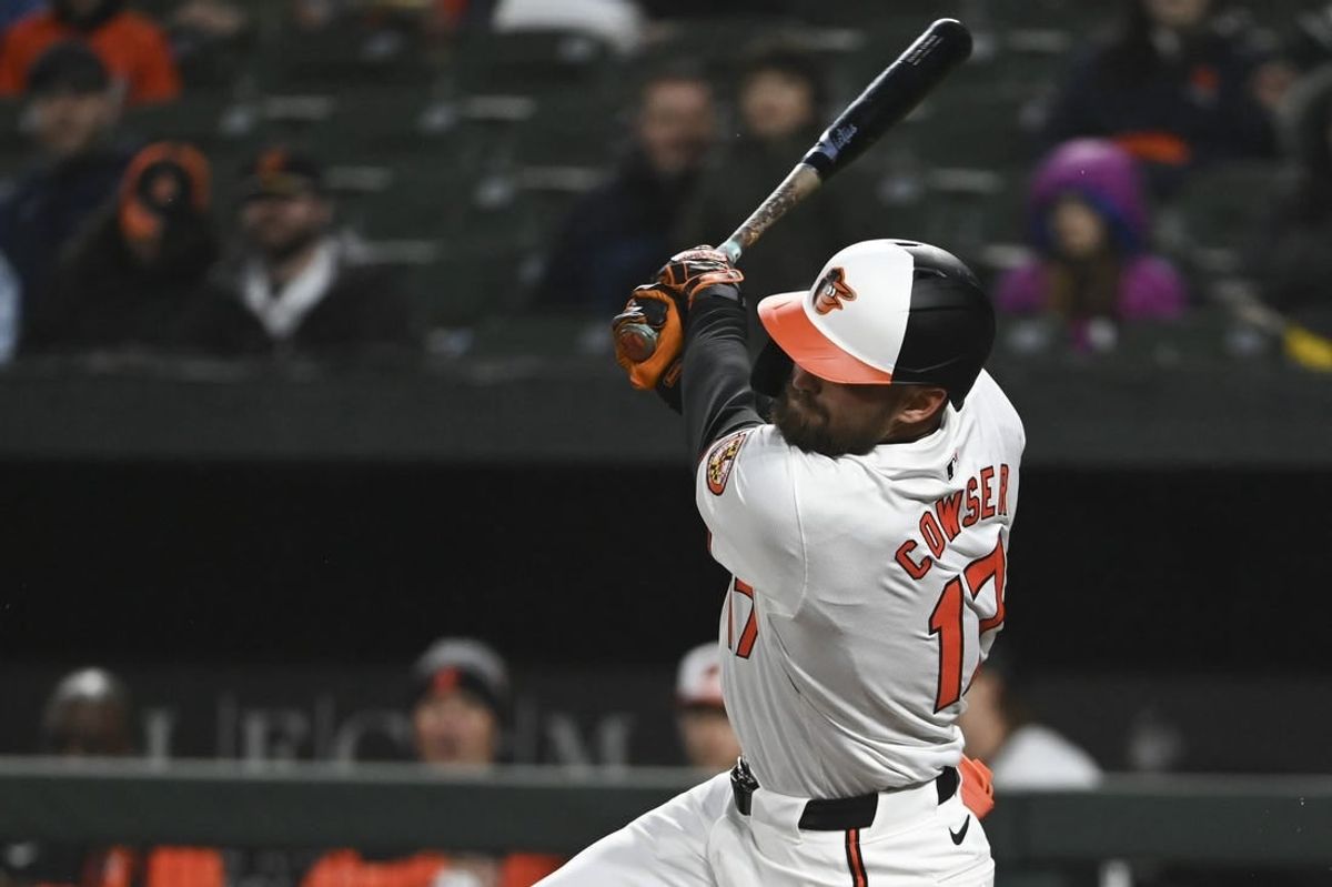 Apr 2, 2024; Baltimore, Maryland, USA; Baltimore Orioles outfielder Colton Cowser swings through a third inning rbi double against the Kansas City Royals  at Oriole Park at Camden Yards.
