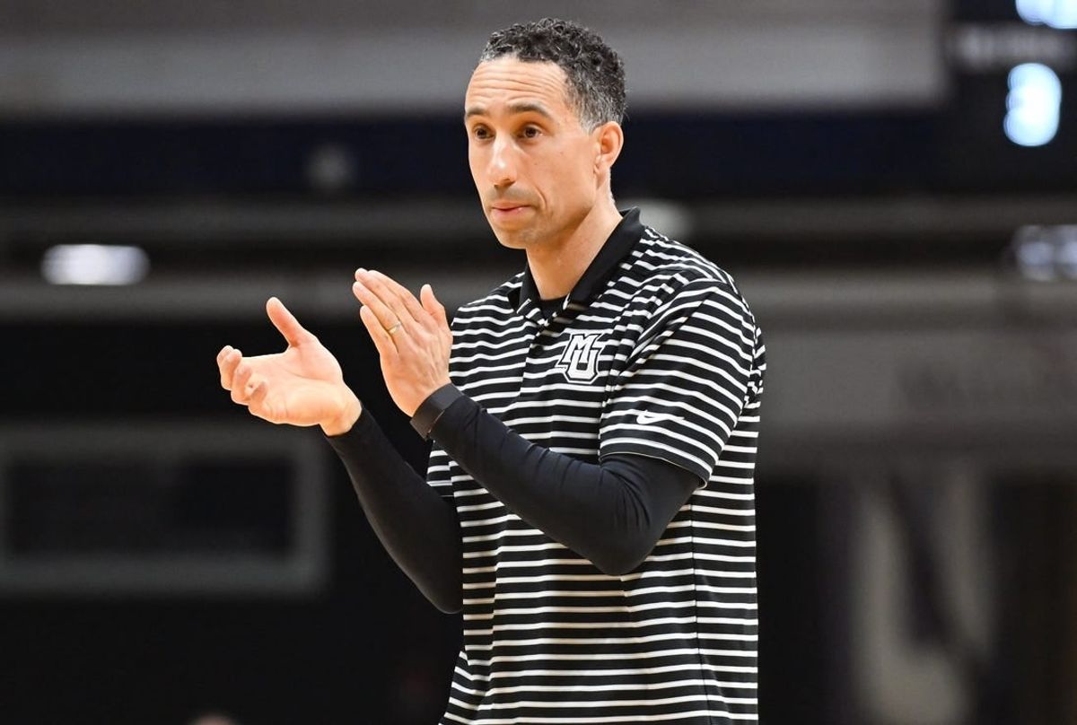 Feb 13, 2024; Indianapolis, Indiana, USA; Marquette Golden Eagles head coach Shaka Smart celebrates after a play against the Butler Bulldogs during the second half at Hinkle Fieldhouse.