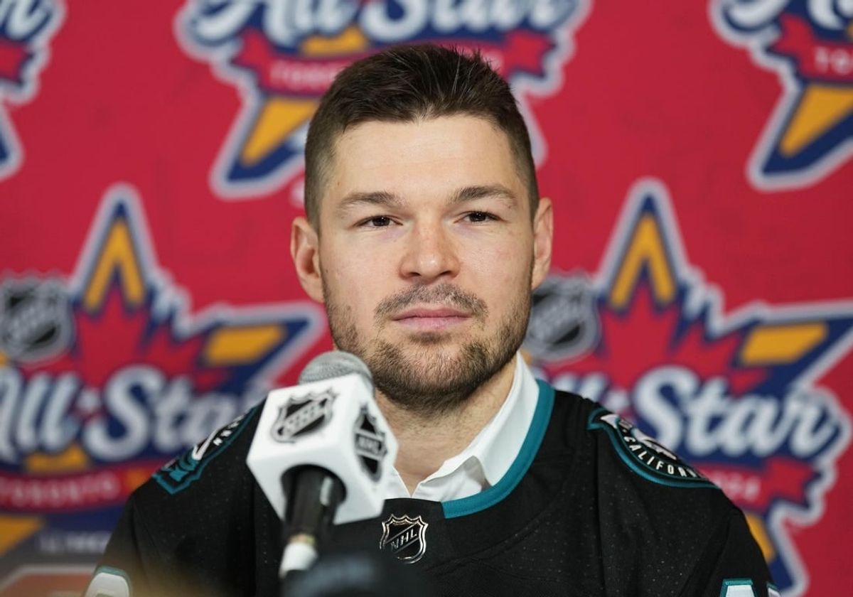 Feb 1, 2024; Toronto, Ontario, CANADA; San Jose Sharks Tomas Hertl speaks to the media during NHL All-Star Thursday at Scotiabank Arena.
