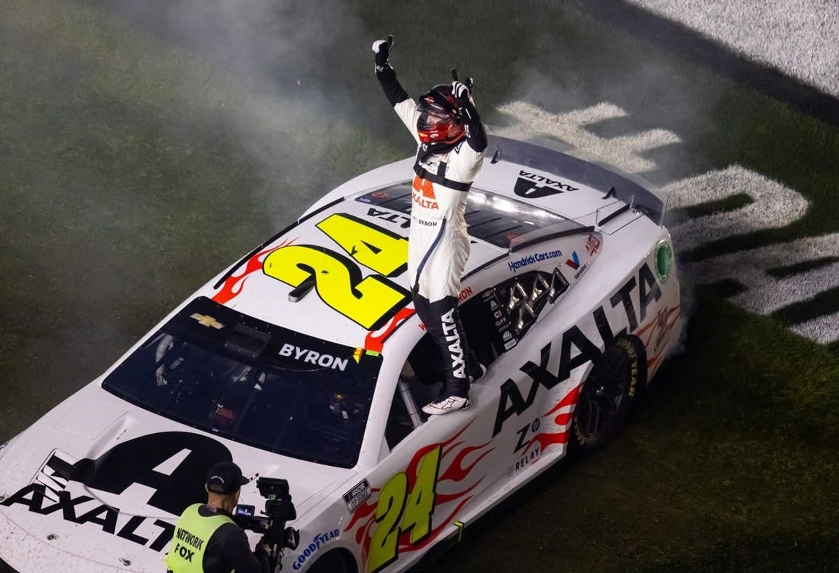 Feb 19, 2024; Daytona Beach, Florida, USA; NASCAR Cup Series driver William Byron (24) celebrates after winning the Daytona 500 at Daytona International Speedway.