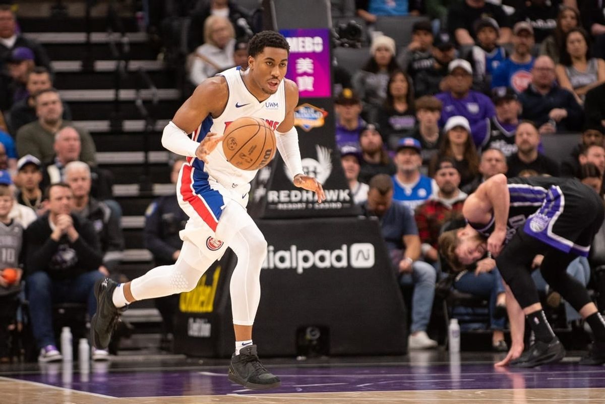 Feb 7, 2024; Sacramento, California, USA; Detroit Pistons guard Jaden Ivey (23) pushes the ball up the court during the second quarter at Golden 1 Center.