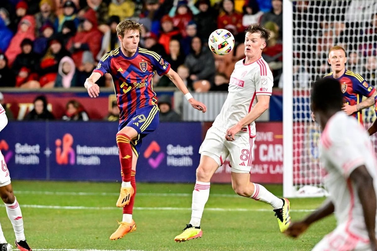 Mar 30, 2024; Sandy, Utah, USA; Real Salt Lake midfielder Bode Hidalgo (19) and St. Louis CITY SC midfielder Chris Durkin (8) battles for possession during the first half at America First Field.