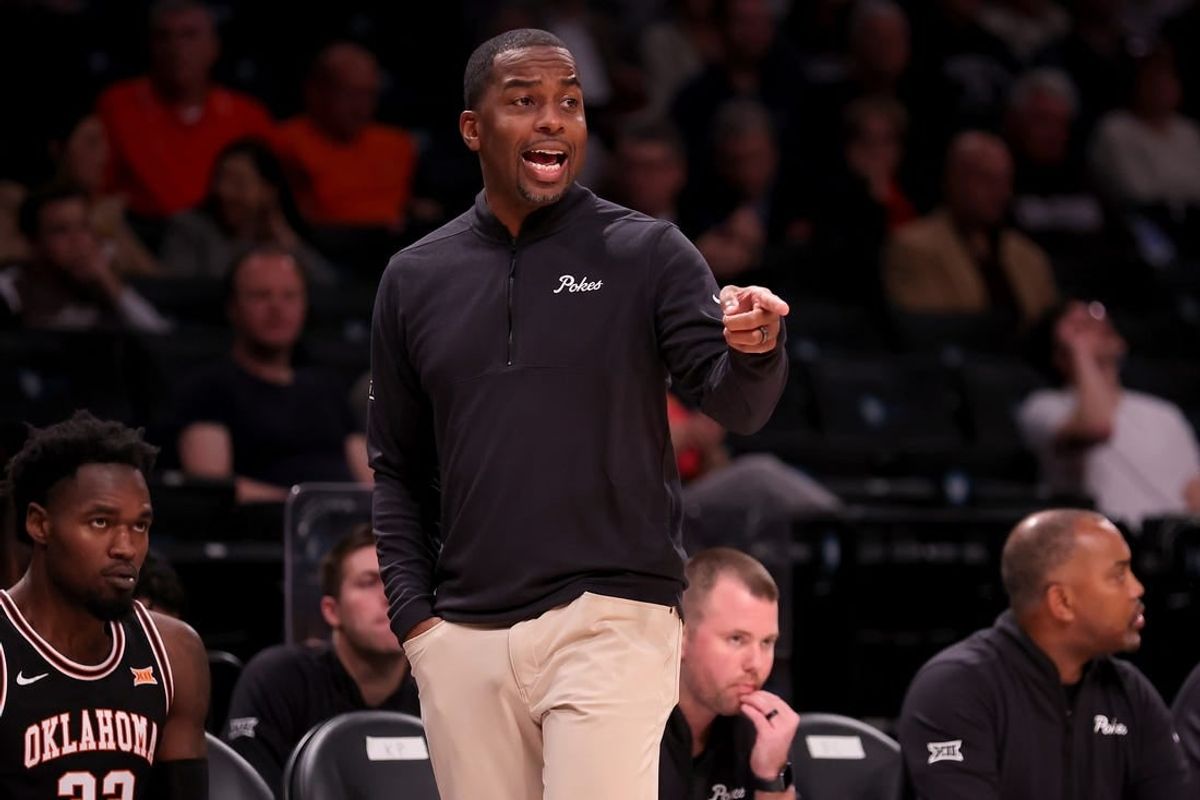 Nov 16, 2023; Brooklyn, New York, USA; Oklahoma State Cowboys head coach Mike Boynton coaches against the St. Bonaventure Bonnies during the first half at Barclays Center.