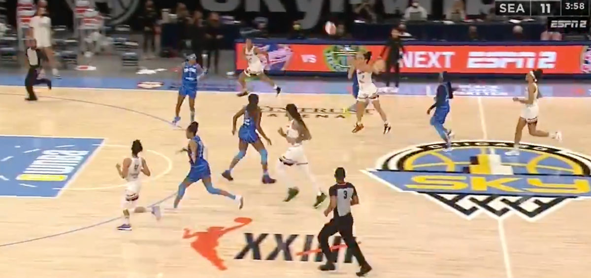 The Mercury’s Kia Nurse drains a half-court three-point shot at the buzzer to beat the Chicago Sky 84-83.