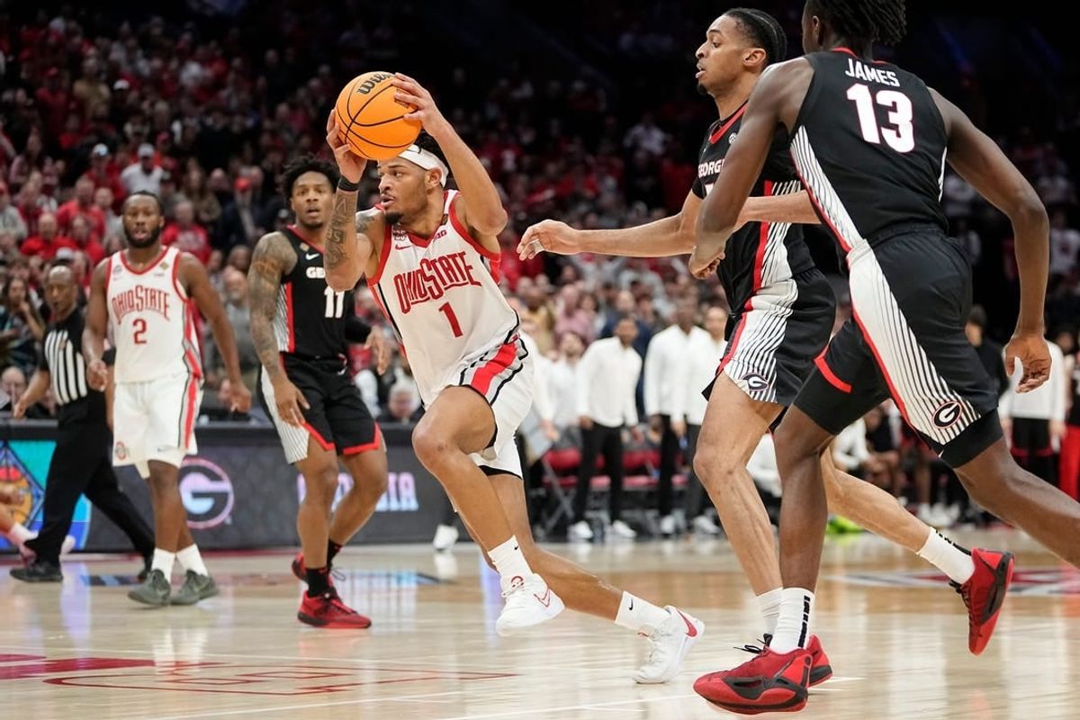 Mar 26, 2024; Columbus, OH, USA; Ohio State Buckeyes guard Roddy Gayle Jr. (1) drives to the basket during the second half of the NIT quarterfinals against the Georgia Bulldogs at Value City Arena. Ohio State lost 79-77.