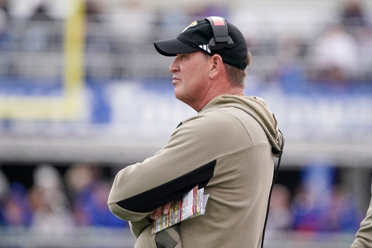 Nov 11, 2023; Lawrence, Kansas, USA; Kansas Jayhawks head coach Lance Leipold looks on during the first half against the Texas Tech Red Raiders at David Booth Kansas Memorial Stadium.
