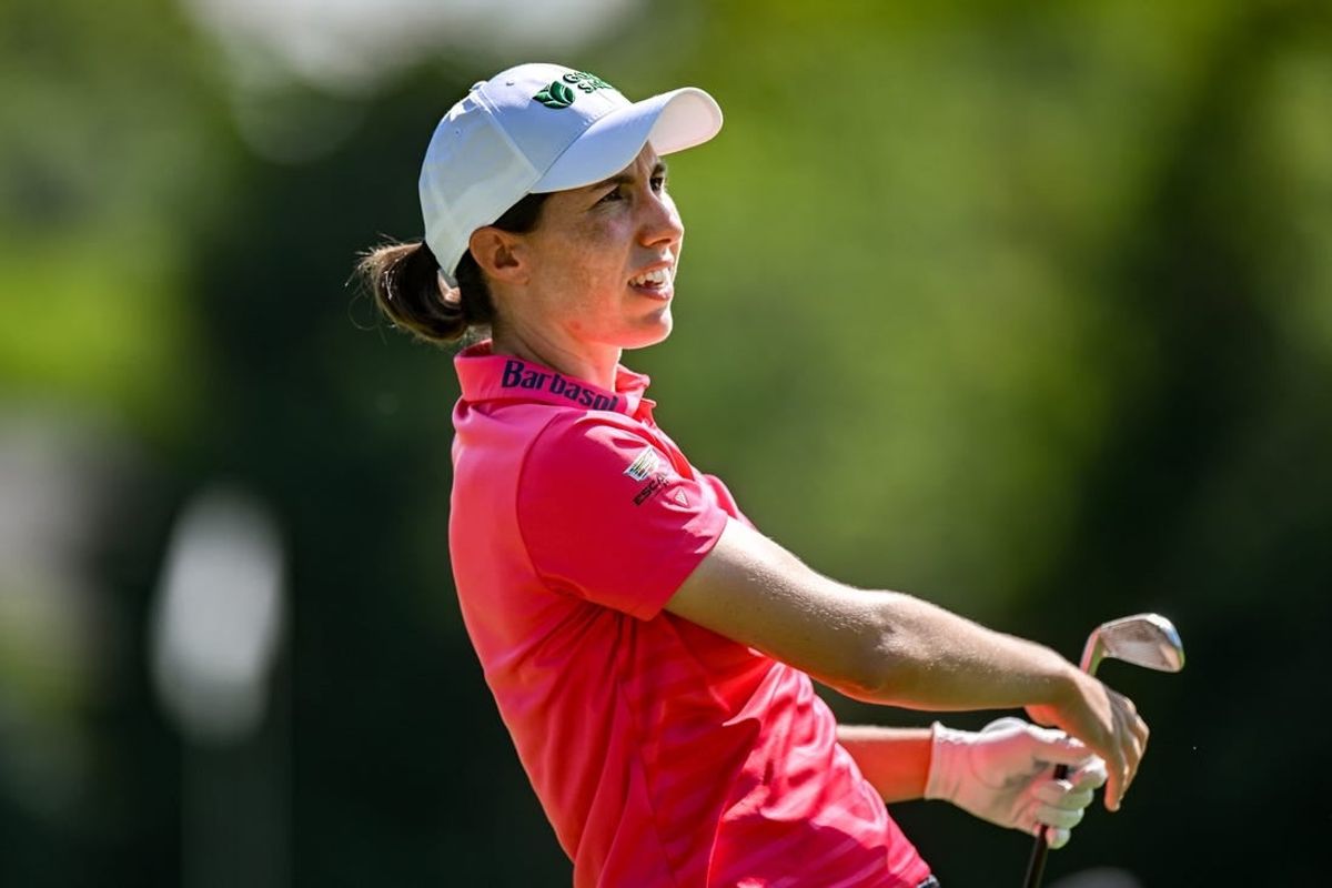 Jun 25, 2023; Springfield, New Jersey, USA; Carlota Ciganda tees off on the 4th hole during the final round of the KPMG Women's PGA Championship golf tournament.