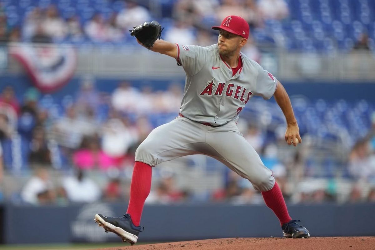 Apr 2, 2024; Miami, Florida, USA; Los Angeles Angels starting pitcher Tyler Anderson (31) pitches in the first inning against the Miami Marlins at loanDepot Park.