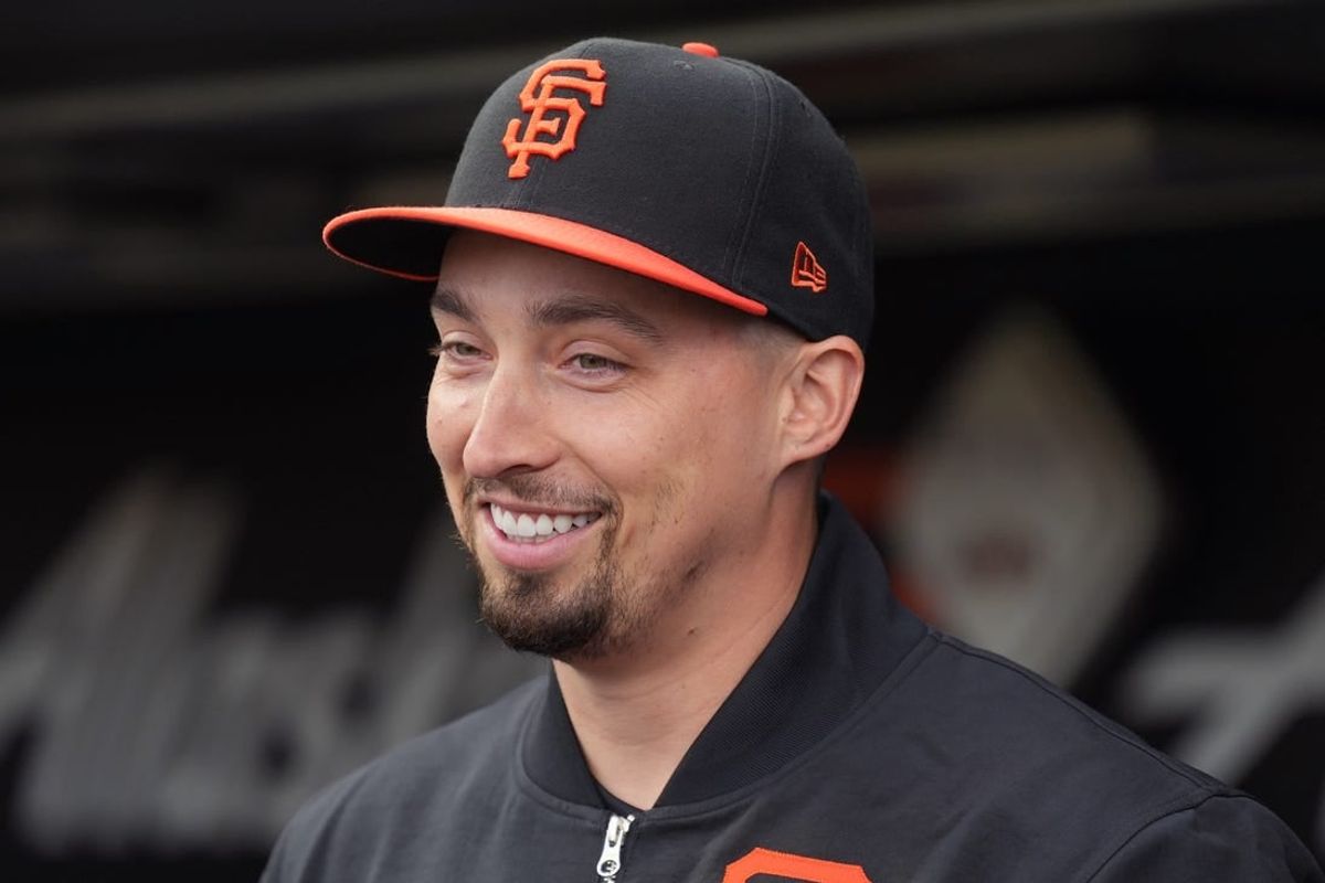 Apr 6, 2024; San Francisco, California, USA; San Francisco Giants pitcher Blake Snell (7) stands in the dugout before the game against the San Diego Padres at Oracle Park.
